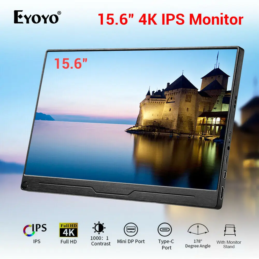  Eyoyo 15.6 Inch 4K Monitor HDR 3840X2160 IPS HDMI Type-C Screen Display Portable Video Gaming Monit