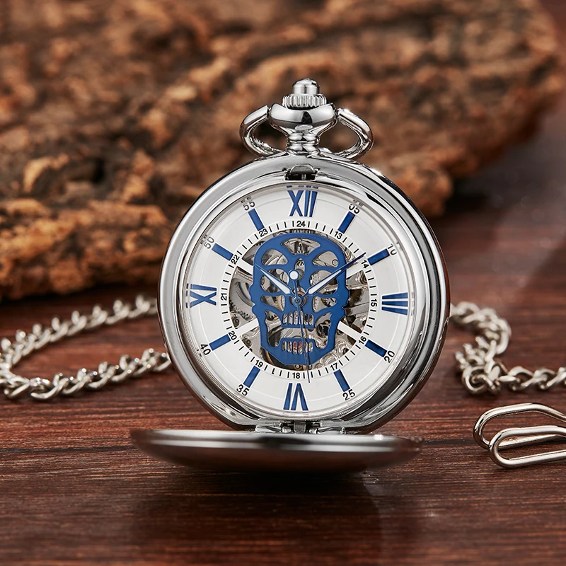 Punk Skull Mechanical Movement Pocket Watch Golden Silver Case Unique Hollow Design of Roman Numeral Dial Fashion Gift Luxury