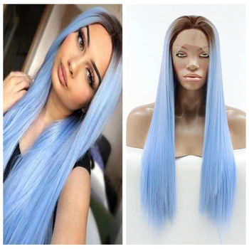 

Synthetic Lace Front Wig With Brown Roots For Women Long Straight Hair 24inch Blue Ombre Lace Front Wig Heat Resistant Fiber