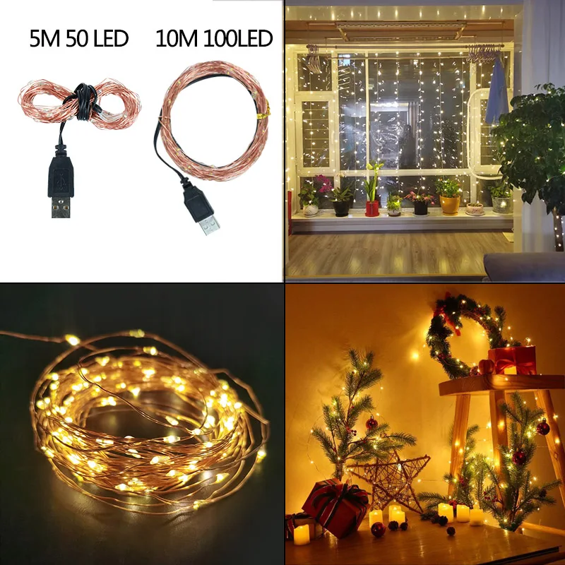

5m/10m USB Copper Wire String Led Fairy Lights Holiday Outdoor Lamp Garland Luces For Christmas Tree Wedding Party Decoration