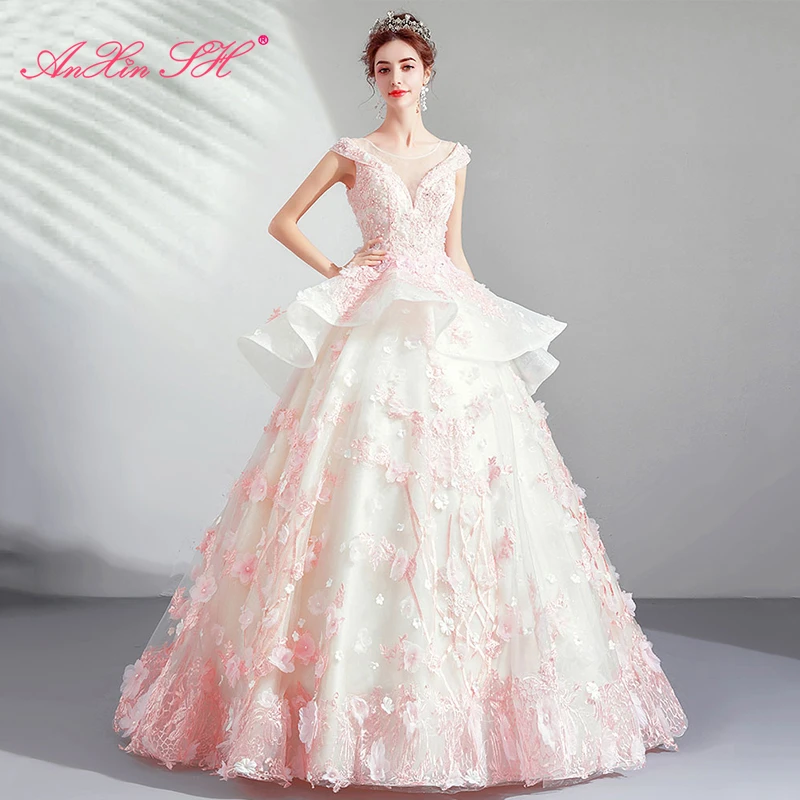 Neck Pink Lace Wedding Dress ...