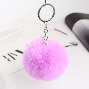 

8cm simple key chain Fur ball Pompon Keychain Pompom Artificial Rabbit Fur Animal Keychains For Woman Car Bag KeyRing 20 colors