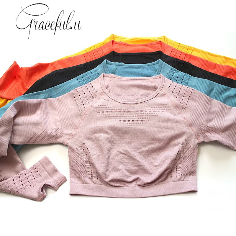 Midriff-baring бесшовный для спорта Топы длинный рукав Йога Топ для женщин Быстросохнущий фитнес-зал одежда эластичная тонкая спортивная рубашка