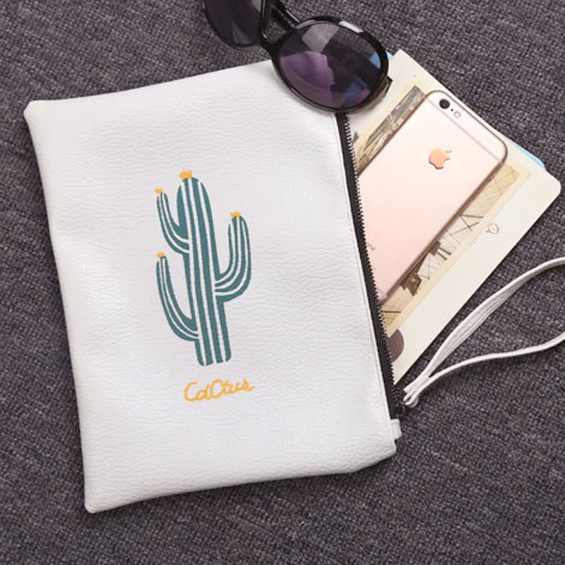 

Creative simple leather white cactus hand bag waterproof large capacity stationery bag cosmetic bag pencil bag super soft