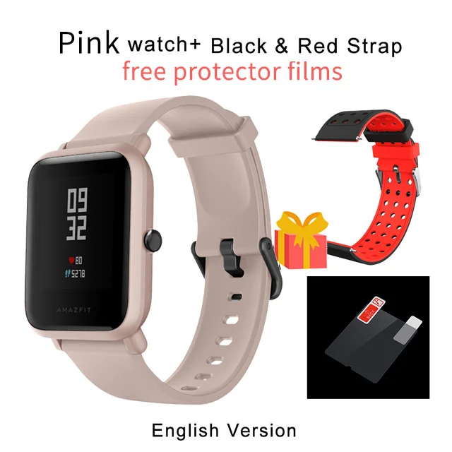 1 год гарантии Amazfit Bip Lite Смарт-часы, глобальная версия, 45 дней Срок службы батареи 3ATM в соответствии со стандартом водонепроницаемости Smartwatch для Xiaomi - Цвет: pink a black strap