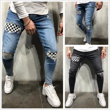 Mens Hot Patchwork Skinny Jeans Trendy Patches design Ripped Distressed
Denim Pencil Pants Pantalones Hombre Jeans Para Hombre