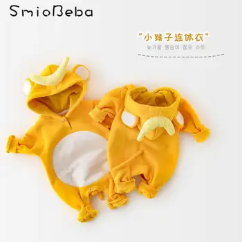 

Korean Baby Rompers Winter Long Sleeve Boys Girls Infant Neutral Monkey Splicing Color Hooded Banana Sweater Thickened Jumpsuits