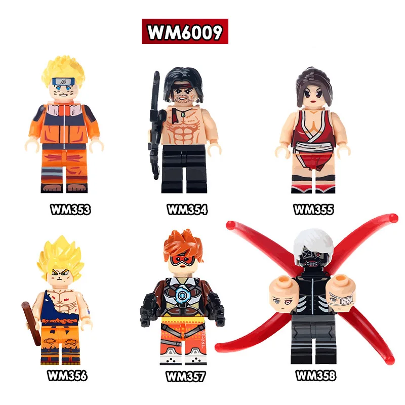 

Single Sale Building Blocks Naruto Japanese Anime Action Uzumaki Son Goku Tracer Kaneki John.Rambo For Children Toys DIY WM6009