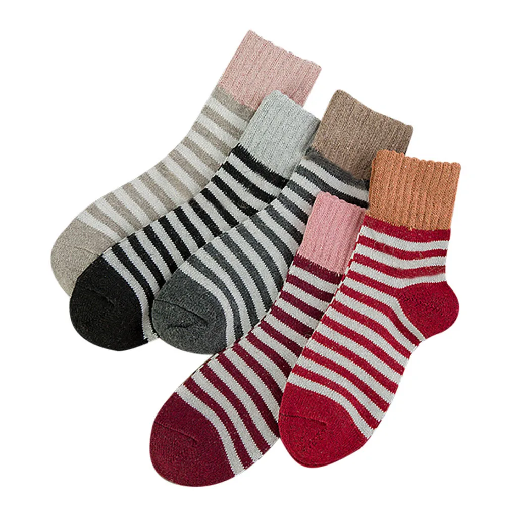 Женские носки без пятки в стиле Харадзюку, 5 пар, однотонные женские зимние теплые носки с отворотами, набор женских мягких полосатых носков