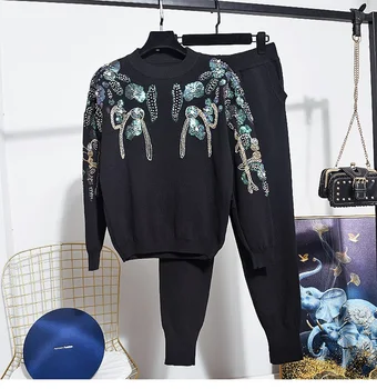 

Spring Autumn Tracksuit Set Female Loose Knit Suit Beading Sequins sleeve Knitted Sweater Long Pants Women 2 Piece Outfits