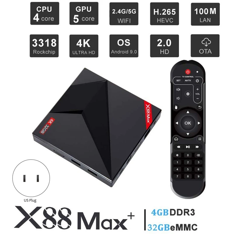 

X88 MAX+ TV Box for Android 9.0 4GB RAM 32GB ROM USB Type-C 2.4G/5Ghz Dual WiFi 4K Smart Set Top Box