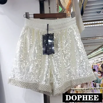 

2020 Summer New Heavy Industry Diamond Sequined Elastic Waist A- Line Shorts Wide Leg Pants Women's Streetwear Shiny Shorts