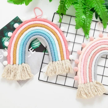 

Children Room Decor Cotton Woven Rainbow Pendant Tassel Rainbow Wall Hanging Decoration With Felt Balls