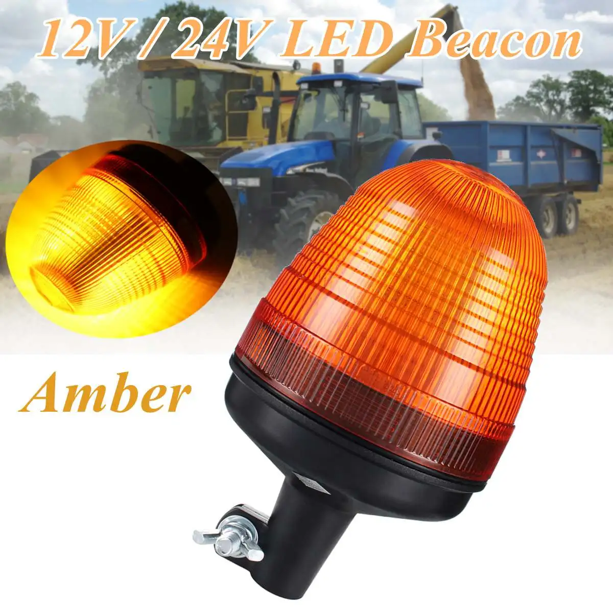 12/24v 60 Led Rotating Flashing Light Amber Tractor Warning Beacon Pole ...