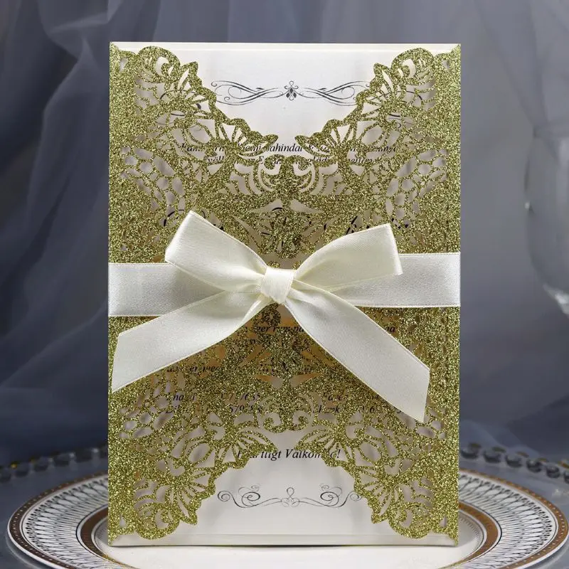  10pcs/set Laser Cut Glitter Lace Wedding Invitation Cards With Bow Ribbon Envelopes For Bridal Show - 4000036192400