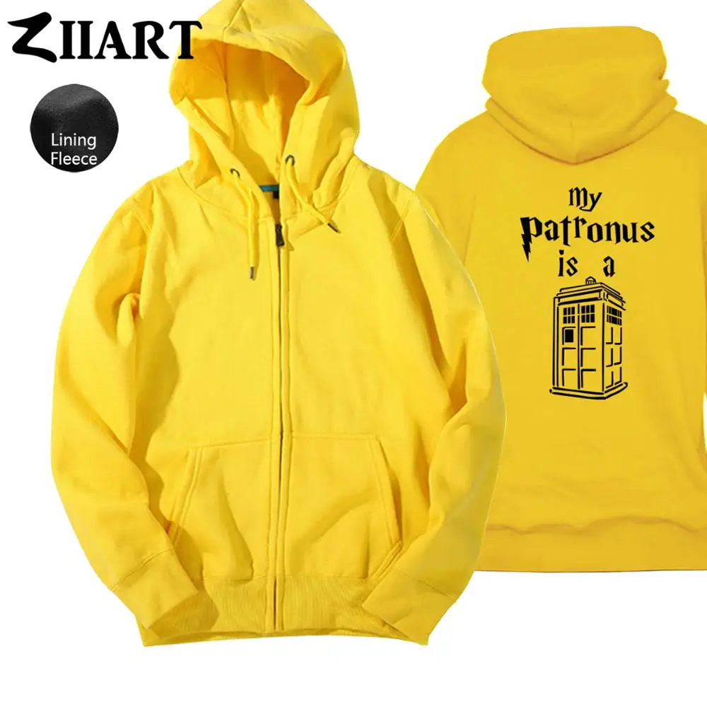 Yellow Doctor Who My Patronus-это Tardis, Женская флисовая толстовка на молнии с капюшоном для девушек и женщин, одежда для пар, ZIIART - Цвет: Yellow