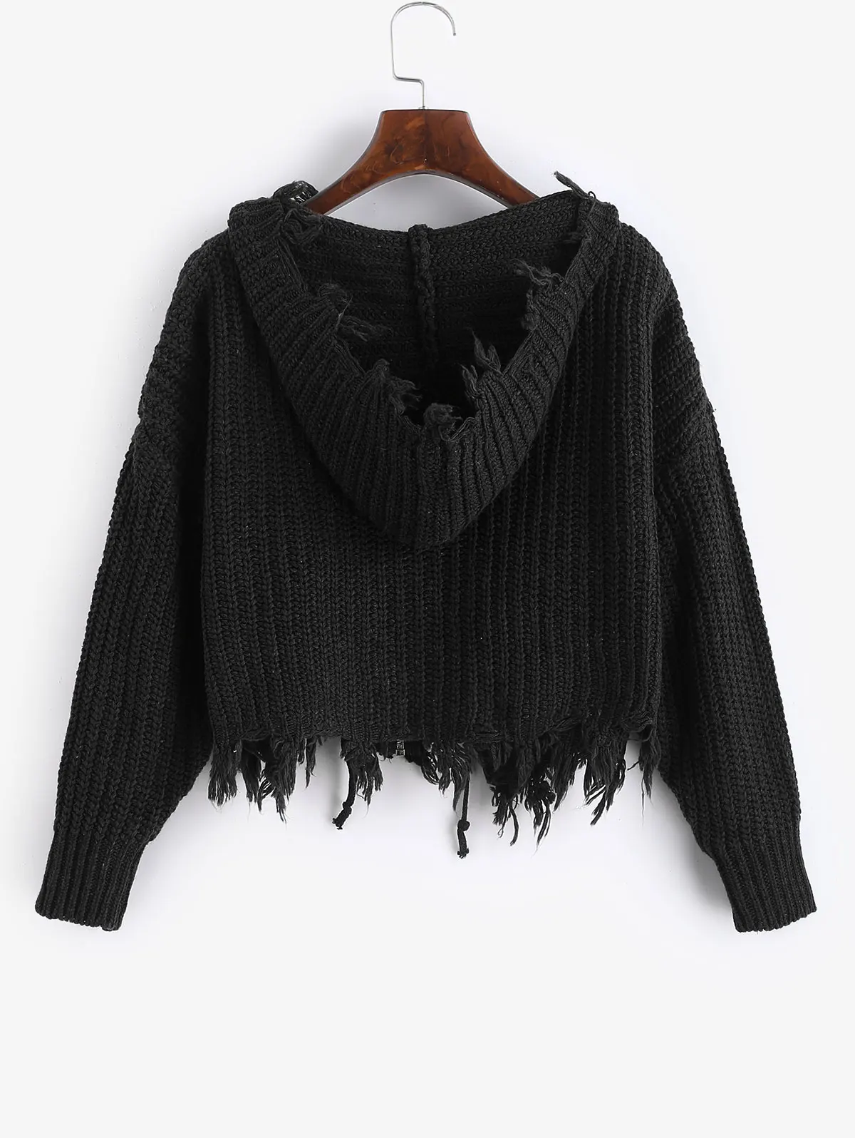 ZAFUL потертый с капюшоном массивный кардиган на молнии Состаренный кардиган с заниженным плечом эластичные однотонные теплые свитера