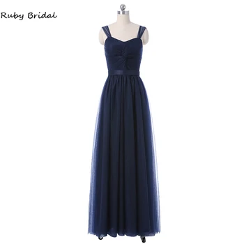 

2020 Real Picture Cheap Evening Dresses A-line Long Prom Dresses Navy Blue Tulle Pleats Vestidos de noite Robes de soirée