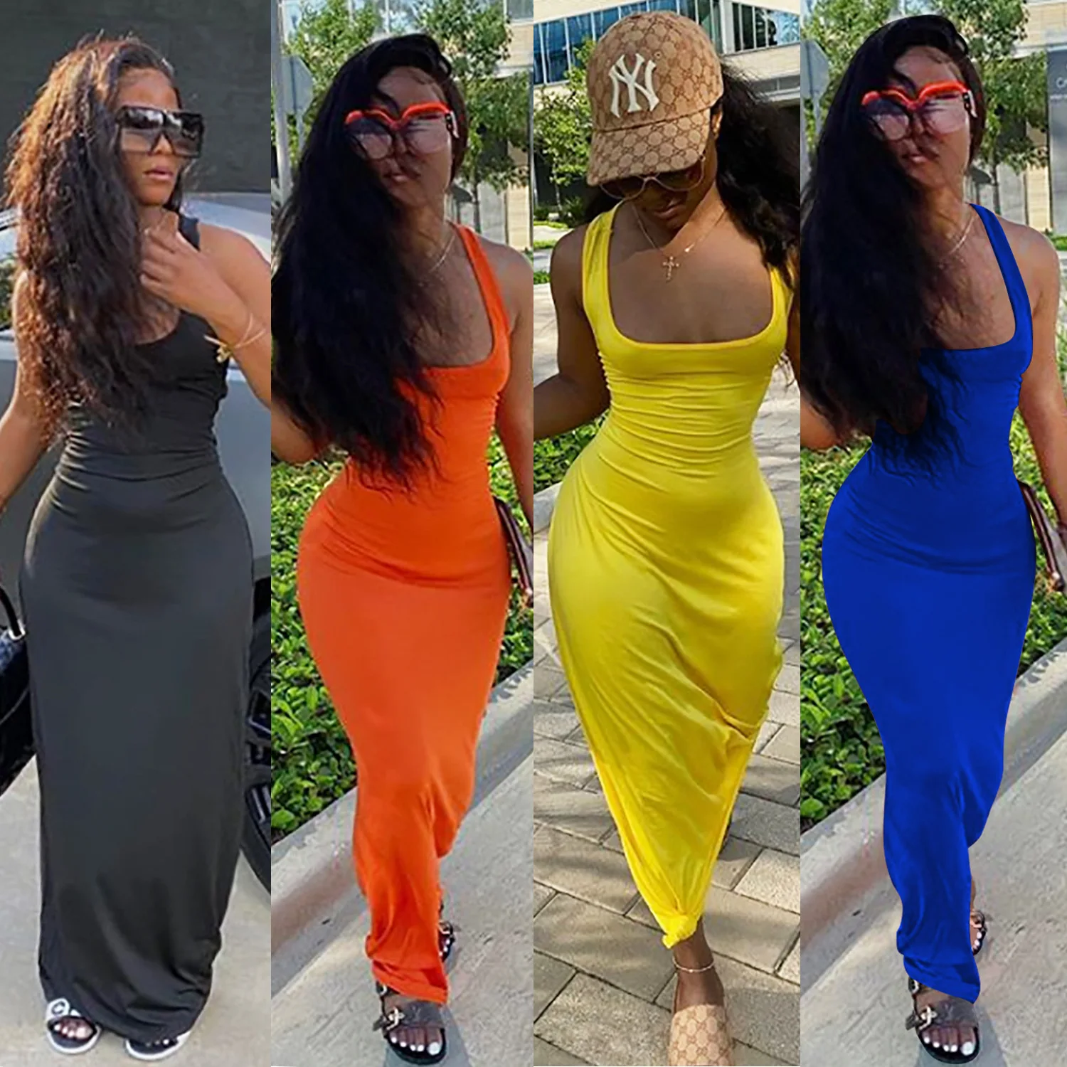 Adogirl Summer Women Casual Solid Long Dress Sleeveless Lace Up Open Back Tank Maxi Fashion Female Bandage Vestido | Женская одежда