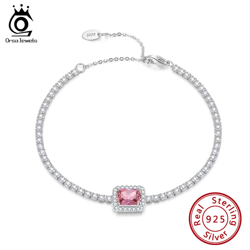 

ORSA JEWELS 925 Sterling Silver Chain Bracelet Pink AAAA CZ Rhodium Plated for Women/Girl 2020 New Jewelry Gift SB87