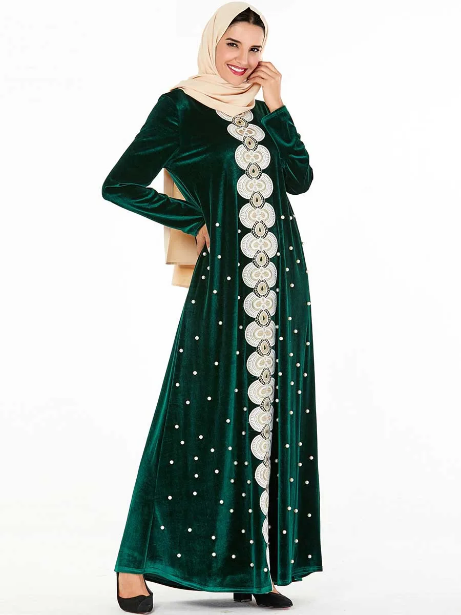 Abaya Женские винтажные бархатные Бусины Длинное мусульманское платье Макси Кафтан джилбаб свободный халат Арабский исламский одежда Ближний Восток осеннее платье