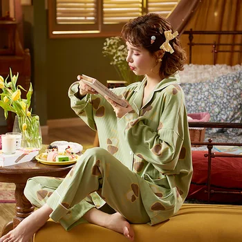 

Winter Ladies Pajamas Cute Sweet Print Sleepwear Women Cardigan Long Sleeve Pocket Striped Top Pants Set Home Pyjamas For Female