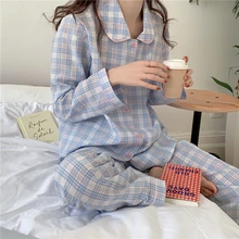 

sleepwear suit women home service colorful plaid pajama set spring long sleeve pyjamas trousers out wear home clothes D025