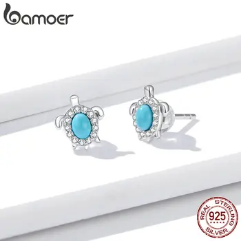 

bamoer GAE374 Lovely Turtle Real 925 Silver Turquoise Blue Hypoallergenic Stud Earrings Women Fine Jewelry Korean Ear Studs