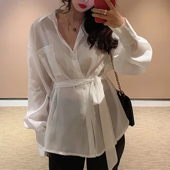 

2020 New fashion Summer Tops Women Loose Lace Up Blouse Shirt Clothing Tunic Shirt Blouse Long Sleeve shirts Female