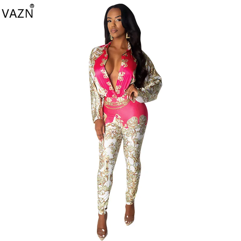 VAZN SN4400 Новые комбинезоны Yong Lady Of Note сексуальная мода Ретро Печать Поло шеи с длинным рукавом Эластичный женский карандаш шифоновый комбинезон