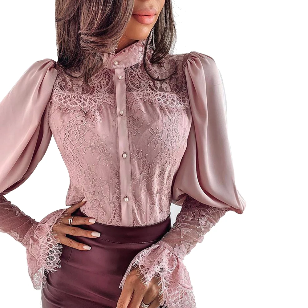 

Free Shipping Women's Solid Color Loose Chiffon Lace Long Lantern Sleeve Patchwork Button Casual Fashion Blouse 2020 Hot Sale