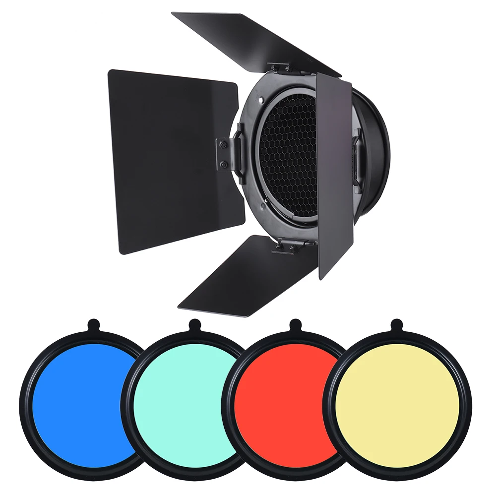 

96mm Universal Mount Metal Bardoor Barn Door Barndoor with Honeycomb Grid 4pcs Color Gel Filters for Neewer Godox Strobe Flash