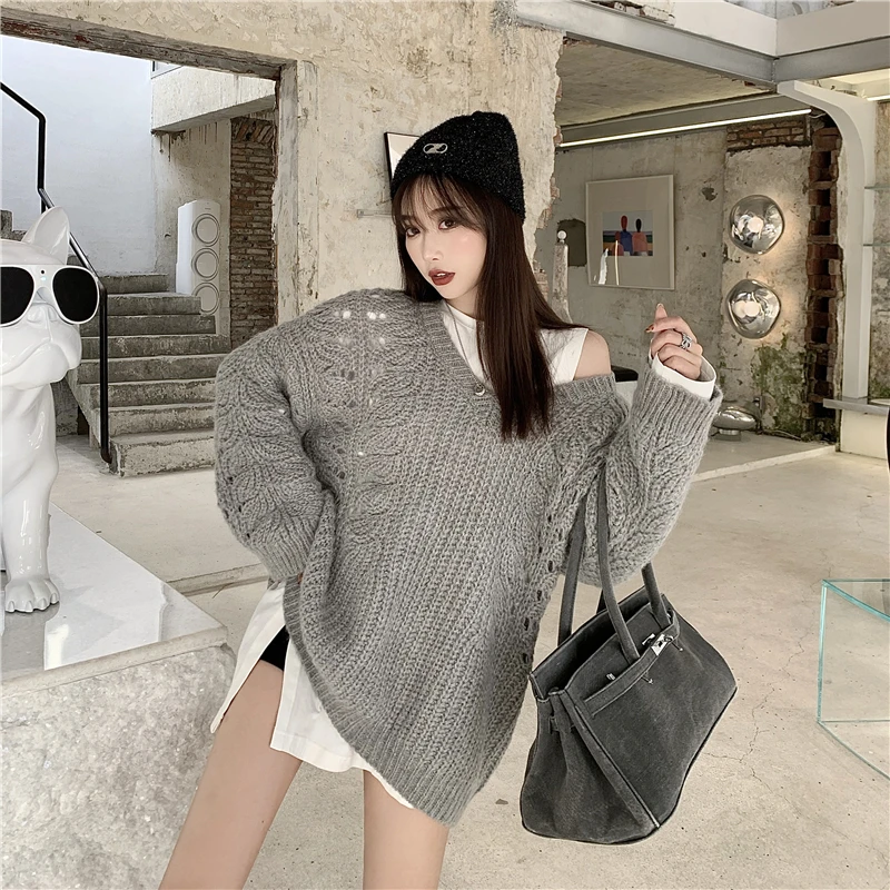 

Autumn And Winter Pullover Hollow V-neck Sweater Women 2020 Sweater + Loose Detachable Sleeve T-shirt Fashion Trend Matching