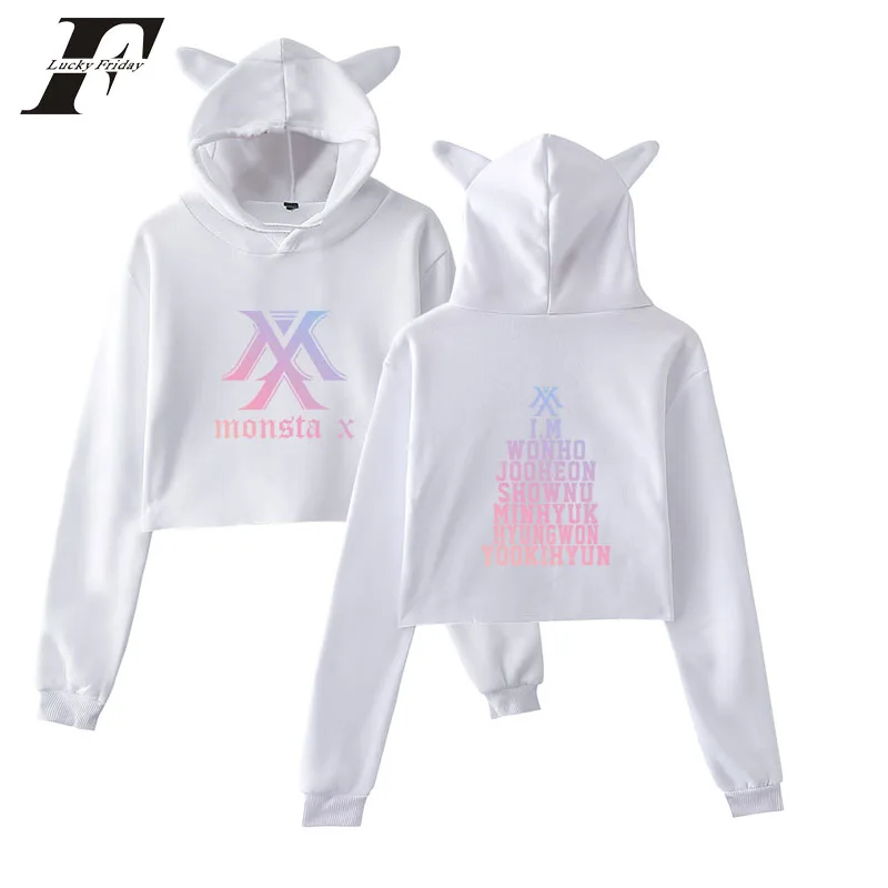 MONSTA X, толстовки, свитшоты, женский короткий кошачий топ с ушками, укороченные короткие свитшоты с капюшоном, Kpop, корейский пуловер, толстовки, Прямая поставка