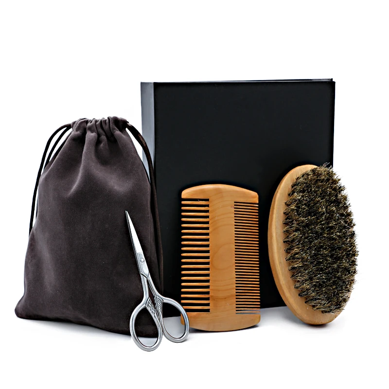 Beard Care Tools Set Bristle Brush Mini Metal Scissor Wooden Two-Sided Comb Men Grooming Kits | Красота и здоровье