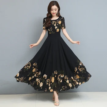 

New Summer Slim Women Temperament Chiffon Maxi Dress Print Big Swing Plus Size 4xl Office Lady Elegant Fashion Ladies Dresses