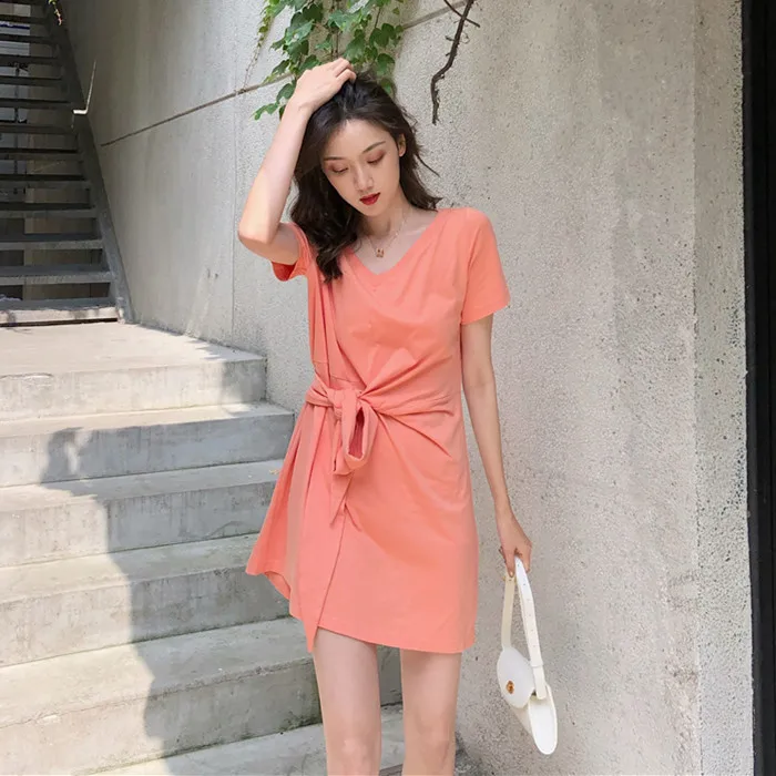 

NNS Boutique V-neck Commuting Pullover Short Skirt One Size High-waisted One-Piece Short-sleeve Dress Waist Hugging Lace-up Wome