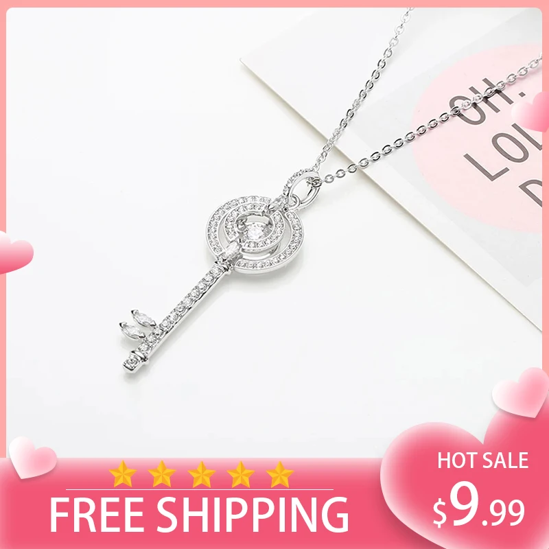 

Love Key pendant long necklace chain 925 sterling silver rose gold statement jewelry for women's gift