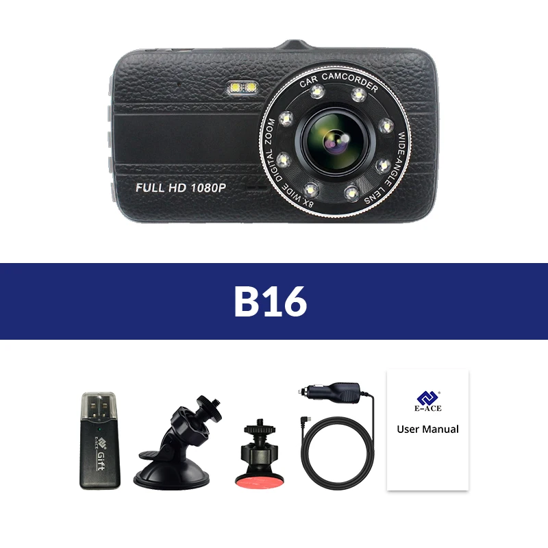 E-ACE Автомобильный видеорегистратор Камера Full HD 1080 P регистраторы Авто регистратор два объектива ночного видения с зеркало заднего вида цифровой для видеомагнитофон - Название цвета: B16