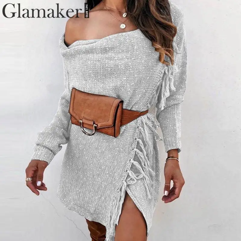 Glamaker трикотажные с кардиган на плечо Для женщин Длинные рукава с бахромой Теплые Элегантные кардиган женский на осень-зиму вечерние пикантные кардиган