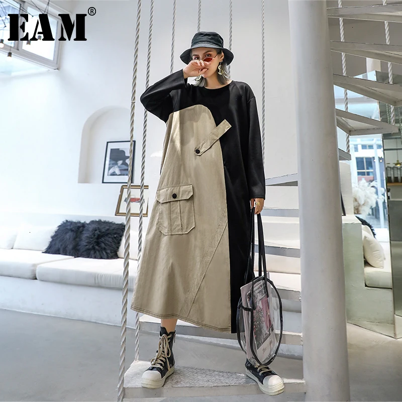 

[EAM] Womem Khaki Contrast Color Temperament Dress New Round Neck Long Sleeve Loose Fit Fashion Tide Spring Autumn 2019 1D612
