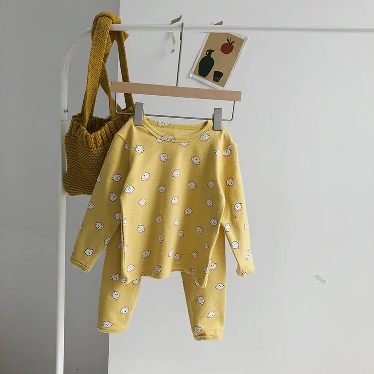 Осенние пижамные комплекты из хлопка с мультяшным принтом для маленьких мальчиков и девочек детская футболка с длинными рукавами и штаны комплекты из 2 предметов