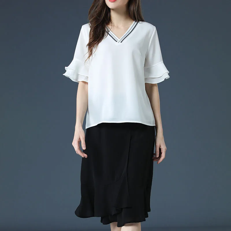 

Europe And America Large Size Dress 2019 Summer New Style Chiffon Shirt Two-Piece Set Fat Mm Fashion Leisure Suit