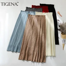 Женская трикотажная длинная юбка TIGENA, плиссированная юбка с высокой талией в корейском стиле для женщин на осень-зиму