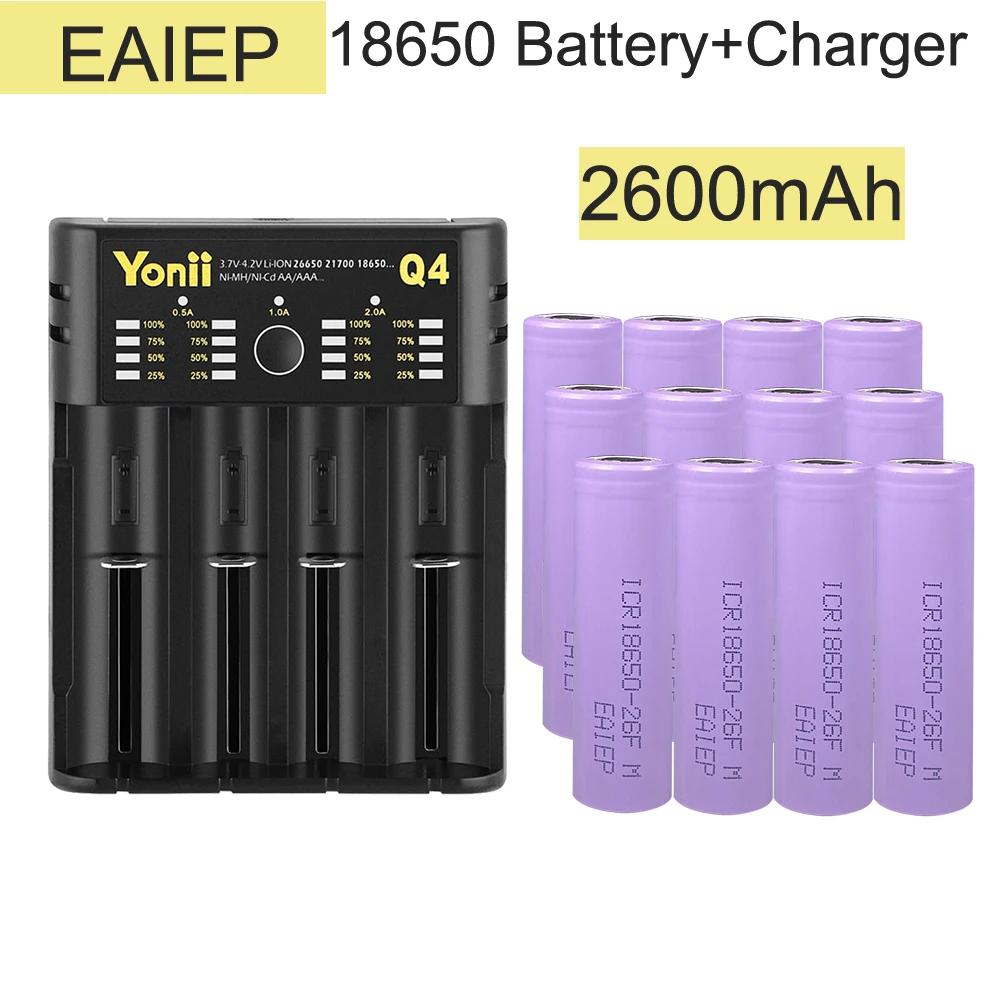 EAIEP 12 шт. 18650 перезаряжаемый аккумулятор 3 7 в 2600 мАч для фонарика с ЖК-зарядным