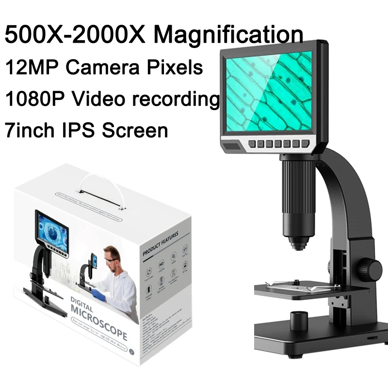 7inch High Definition Screen 2000X Digital Microscope 12MP Camera 1080p Video Biological Cell & Industrial Magnifier