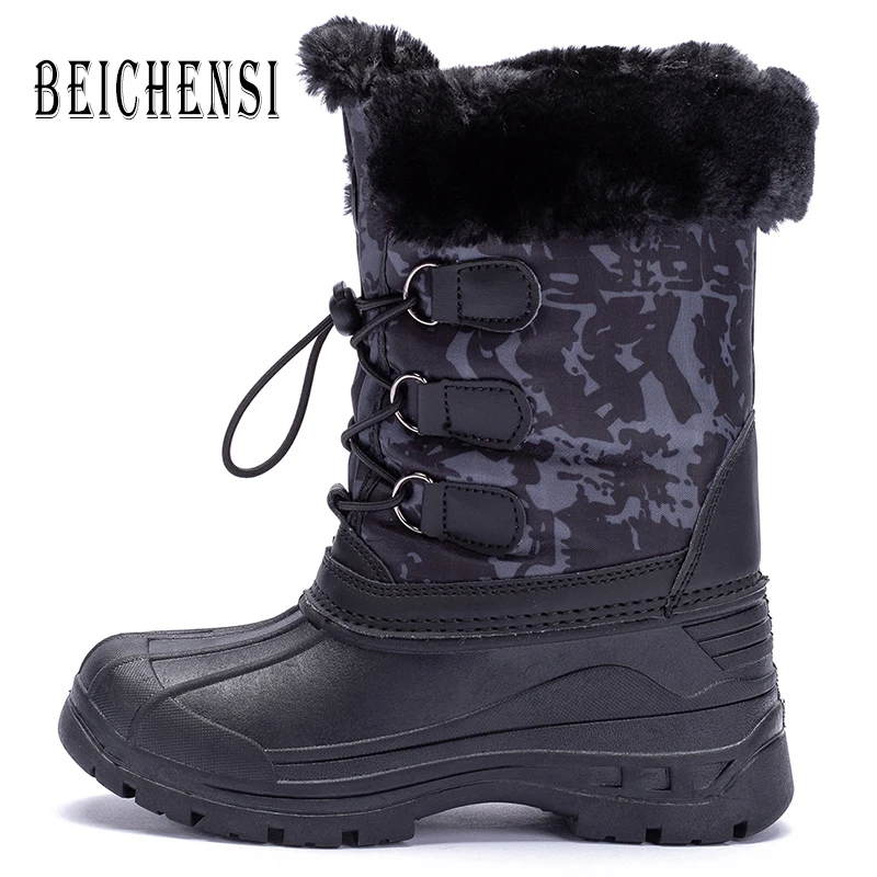 76Black Kid's Hiking Boots Faux Fur Rubber Duck Snow Boots Childre Waterproof Warm Fur Lined Outdoor Shoes for Boys Big Kids - Color: 76Black