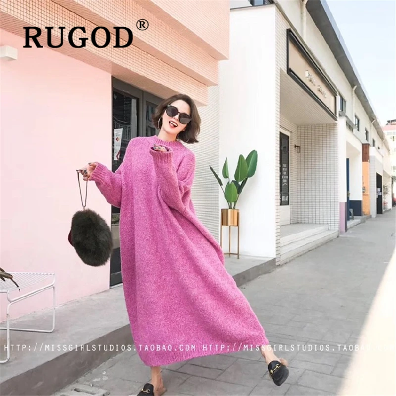 RUGOD модное платье-свитер большого размера, женское корейское однотонное платье с круглым вырезом и рукавами летучая мышь, макси длинное трикотажное платье, повседневная верхняя одежда