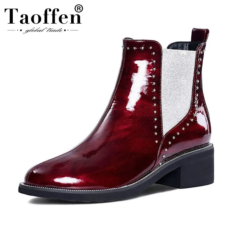 

Taoffen Women Ankle Boots Fashion Slip On Shoes Women Casual Chelsea Botas Patchwork Winter Warm Female Footwear Size 33-40
