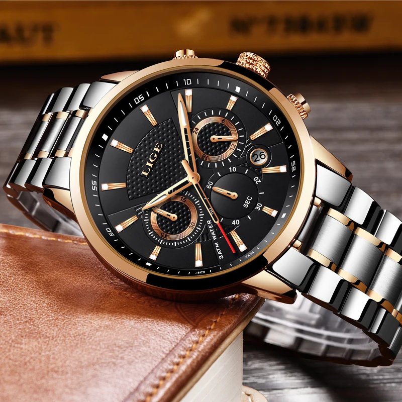 Reloj hombre модные золотые мужские часы lige top класса люкс Бизнес Нержавеющая сталь Водонепроницаемый кварцевые часы Для мужчин, спортивные часы